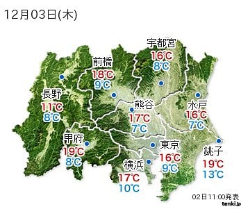 ３日の関東・甲信地方の予想気温（２日午前１１時発表）