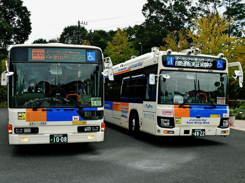里山ガーデンフェスタで、通常の無料シャトルバス（左）と自動運転バス（右）が並ぶ（写真／岸田法眼）
