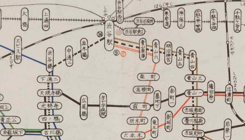昭和３８年２月の路線図。渋谷界隈。（資料提供／東京都交通局）