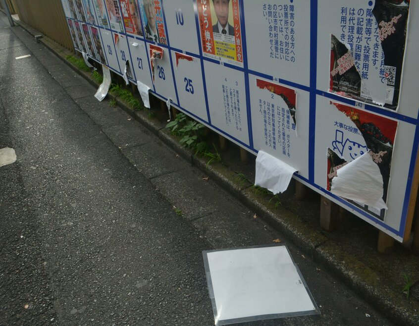 過去最多の56人が立候補。選管が用意した48人分のポスター枠では足りず、一部の候補者はクリアファイルで枠外に掲示することに。風雨ではがれるケースもあり、複数の候補が都を提訴した