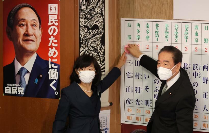 自民党本部の開票センターで、固い表情の鴨下一郎・東京都連会長（右）と丸川珠代五輪相（C)朝日新聞社
