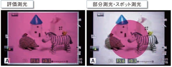 カメラは光の量を計測し、撮影に必要な露出を決定します。光の計測は、フレーム（撮影できる範囲）全体を使った「評価測光」のほか、中央部を測光する「部分測光」、さらにごく狭い範囲で測光する「スポット測光」などがあります。たとえば舞台撮影など、極端な明暗差があり、シャッターチャンスにシビアなシーンでは、スポット測光が便利です。ただ、デジタルカメラが主流になった現在では、評価測光が一般的で、この本も評価測光を前提に解説しています。