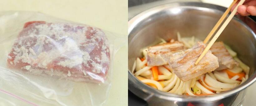 【ワンポイントアドバイス】豚肉はポリ袋に入れて塩麹を表面にまぶし、手でもみ込んで全体をなじませる。（左）　焼いた豚肉は野菜の上に並べて煮る。野菜が肉のうまみを吸ってくれる。　（撮影／写真部・松永卓也）