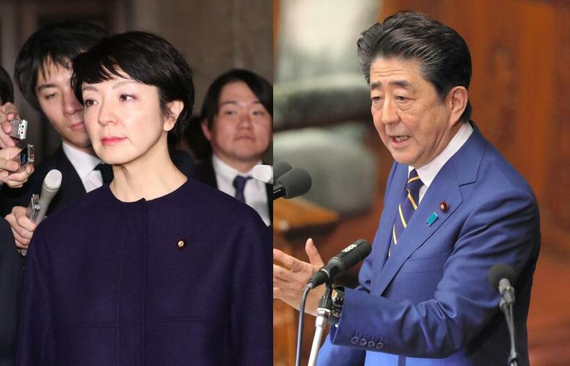 昨年の参院選で巨額の軍資金を自民党本部からもらっていたという河井案里氏（左）／安倍晋三首相　（ｃ）朝日新聞社