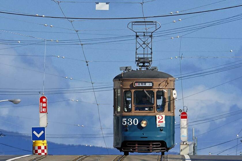 NHK　BSプレミアム　美の壺「レトロを楽しむ路面電車」（2020年2月放映）のロケで撮影した函館市電のレトロ電車。超望遠レンズのフレーミングの中でレトロ市電が青空に浮かぶシーンを連続撮影で捉えている。青柳町停留所（撮影／諸河久：2020年1月21日）