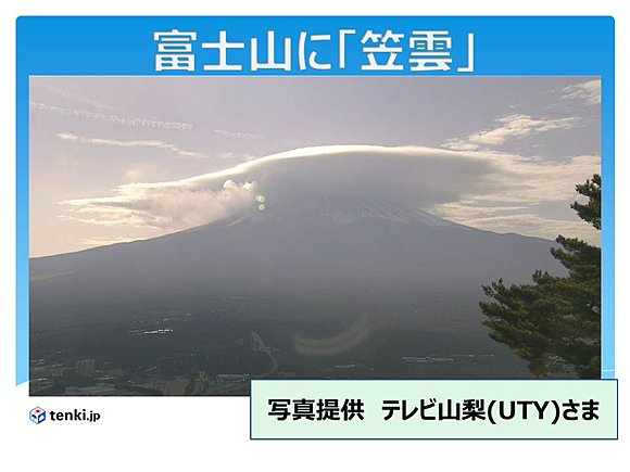 富士山に笠雲（12月16日）　写真はテレビ山梨さま提供　富士河口湖町から撮影