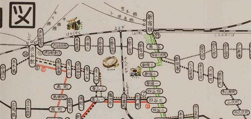 昭和39年4月の路線図。信濃町界隈（資料提供／東京都交通局）