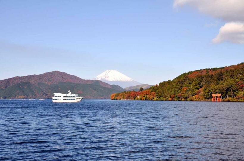 芦ノ湖と富士山。右手の岸に見える鳥居は箱根神社の平和の鳥居