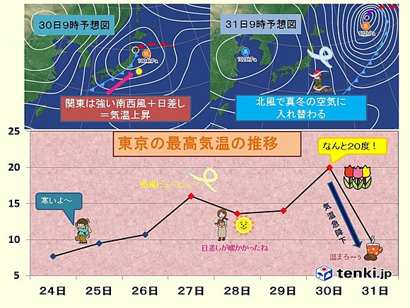 東京の最高気温の推移（縦軸の単位は℃）