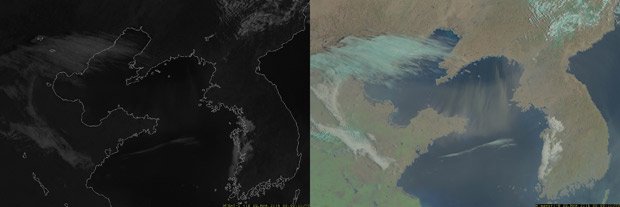 「7号」と「8号」の画像を比較。白黒の「7号」は雲と黄砂が区別しづらいが、「8号」は黄砂が茶色く映されている(気象庁ホームページより)