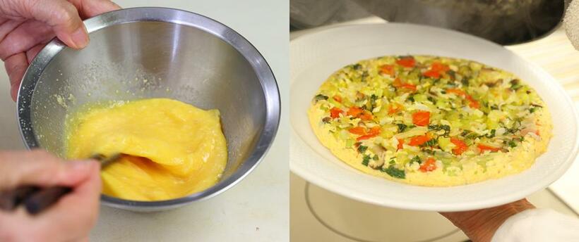 【ワンポイントアドバイス】まず卵にチーズや塩、こしょうを加えて混ぜてから、炒めた野菜を加えて混ぜる。（左）　皿に盛り付ける時はフリッタータの底をヘラで離し、皿にすべり込ませる。　（撮影／写真部・松永卓也）