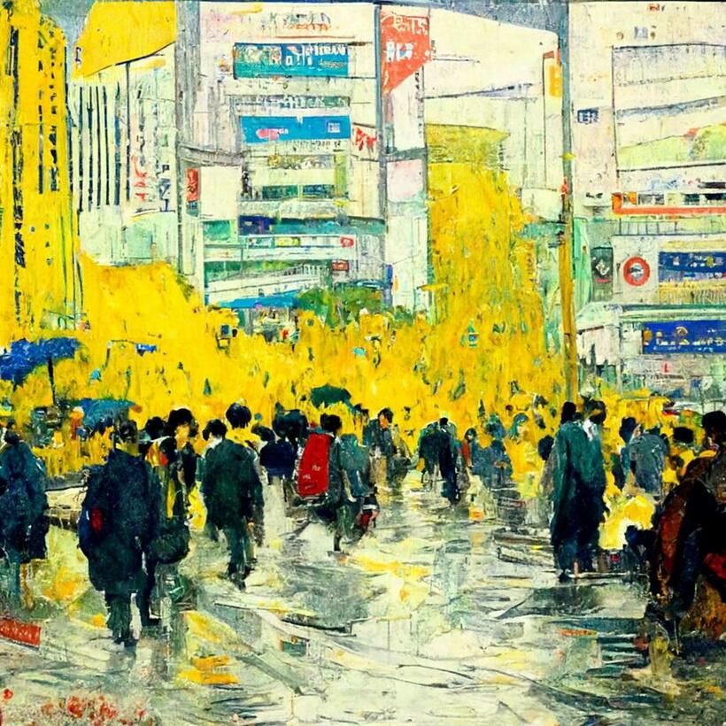 記者がＭｉｄｊｏｕｒｎｅｙで生成した渋谷の風景。「ゴッホ風のスクランブルスクエア」。思い通りの絵を生成するのは難しく、プロンプトの勉強が必要だと実感