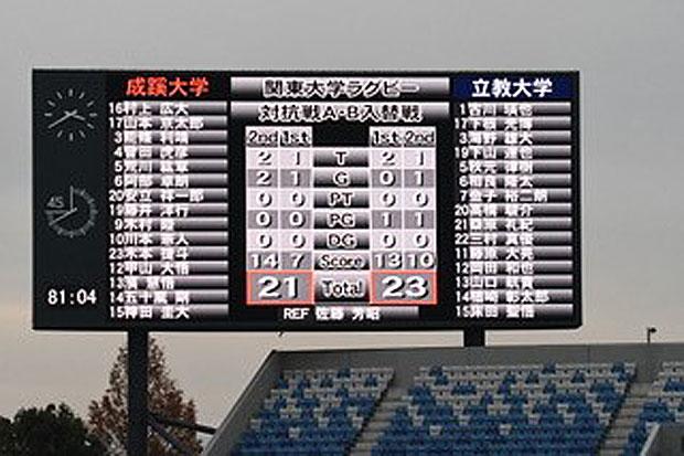 入れ替え戦の立教‐成蹊で、試合終了後のスコアボード。２３‐２１で立教が勝利したが、実は最後のプレーの直前まで１６‐２１で負けていた＝２０１９年１２月７日、埼玉県熊谷市の熊谷ラグビー場、立教ラグビー部提供　（ｃ）朝日新聞社