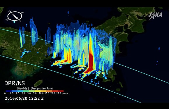 GPM/DPRによる降水の3三次元布図（日本時間2016年6月20日21時52分）