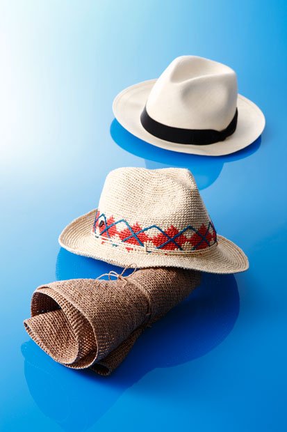 帽子が紫外線から頭皮と毛髪を守る　夏の装いのおしゃれ感が増す帽子は頭部の温度上昇を抑えるので、熱中症予防にもなる。夏の帽子は布製より通気性に優れた植物繊維製が、帽子内の蒸れが少なくおすすめ。手前には二つのラフィアの繊維、奥のパナマ帽はトキヤ草を細く裂いたものを手編みしている。パナマ帽は女性がかぶってもおしゃれ（すべて筆者私物）
