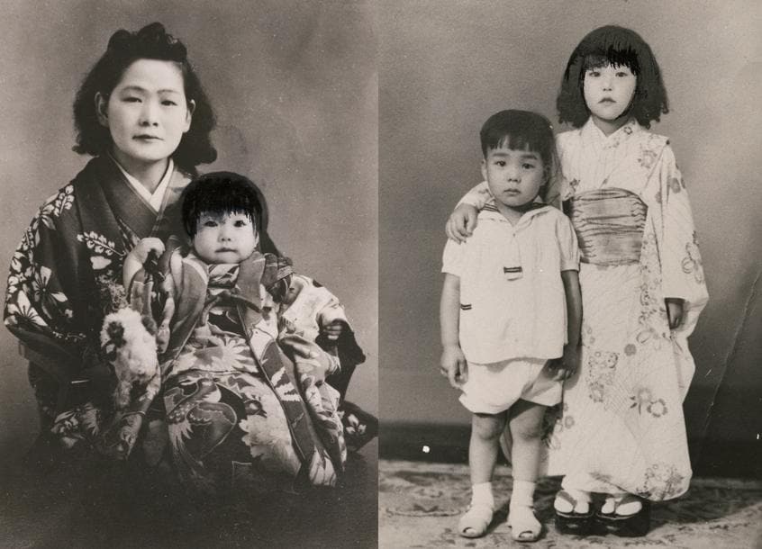 【左】母の俊子さんに抱かれる麗子、1歳。自分の富士額が嫌いだった麗子は、写真にマジックで髪を書き加えたという【右】弟の政光さんの七五三の際に撮影した姉弟の2ショット (大原政光さん提供)