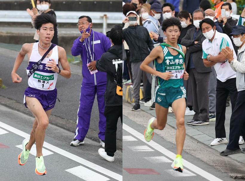 駒大の大八木弘明監督から声をかけられる田沢廉（写真左）。青学大の近藤幸太郎を見つめる原晋監督（同右＝いずれも２０２１年１１月７日の全日本大学駅伝）