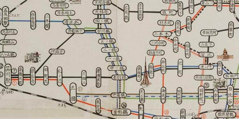 昭和４０年３月の路線図。麻布界隈。「橋」が付く停留所名が連続しているのもわかる（資料提供／東京都交通局）