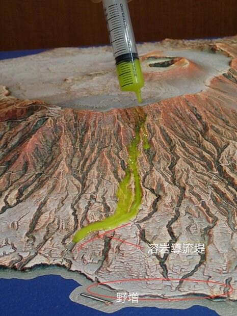 赤色立体地図が印刷された伊豆大島の立体模型に溶岩と同じ粘性の液体を流して実験すると、溶岩導流堤に沿って溶岩が流れを変えていき、導流堤の効果を理解することができる。