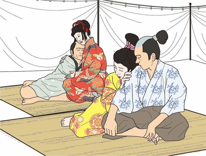 長期戦になれば、どこからともなく遊女たちが現れた。豊臣秀吉は公共の娼婦宿を設置したという。イラスト/さとうただし