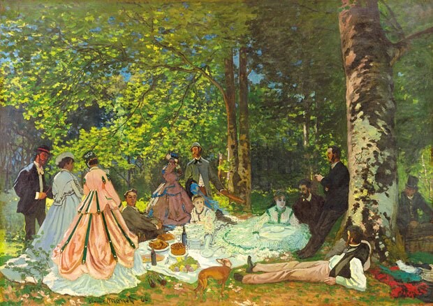 草上の昼食　クロード・モネ　１８６６年パリの南にあるフォンテーヌブローの森にピクニックにやってきた若者たち。当時の最新ファッションに身を包み、優雅なひとときを楽しんでいます。モネの６０年代の代表作で、モデルの女性は恋人のカミーユ、男性は友人のバジールと思われます（三浦篤教授）