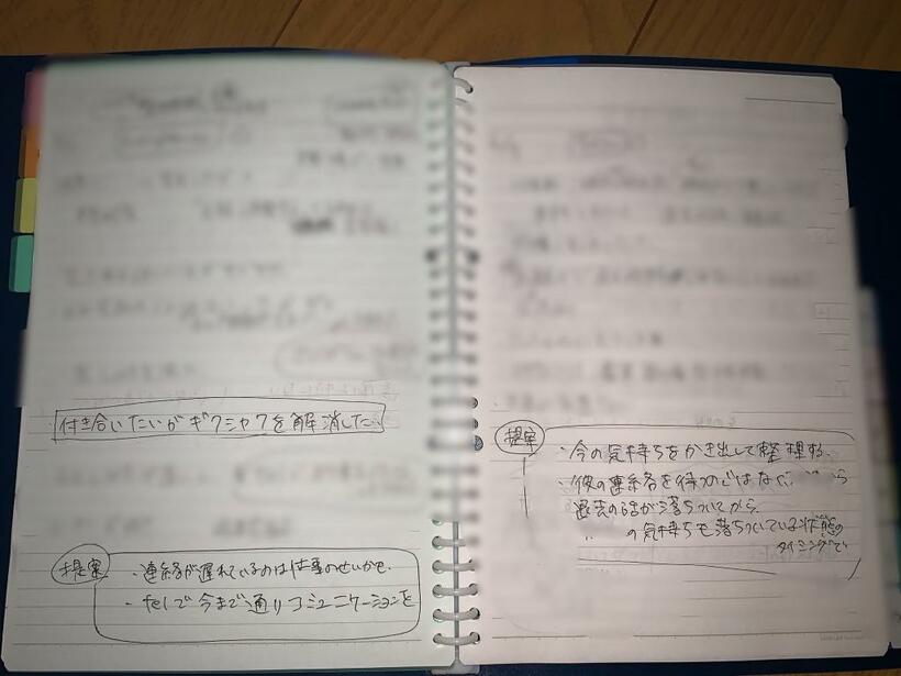 美代さんが実際に使っていたノート。相談内容とアドバイスする内容などが書き込まれている。（本人提供）