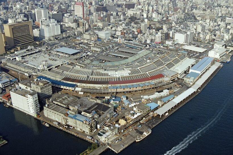 上空から見た築地市場。特徴的な扇形の建物の円弧に沿って、貨物用の長いホームが設けられていた（C）朝日新聞社