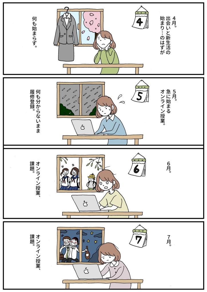 美大1年生のmakiさんが「＃大学生の日常も大事だ」とつけてSNSに投稿したマンガの一部抜粋。「大学生をオンラインの中に閉じ込めず、社会復帰させてほしい」と訴える