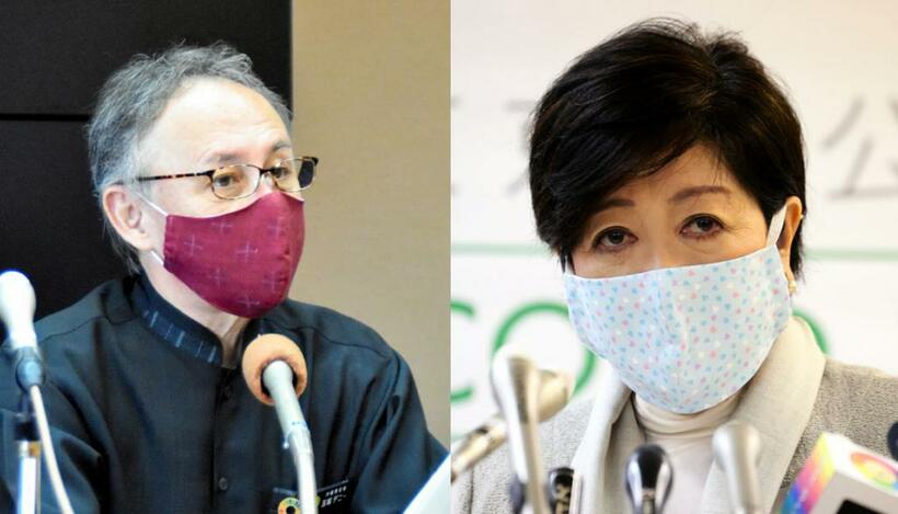 連日、独特のマスクで会見に臨む玉城知事（左）、４月１０日、休業要請の対象業種を発表する小池知事のマスクは手作り風　（ｃ）朝日新聞社