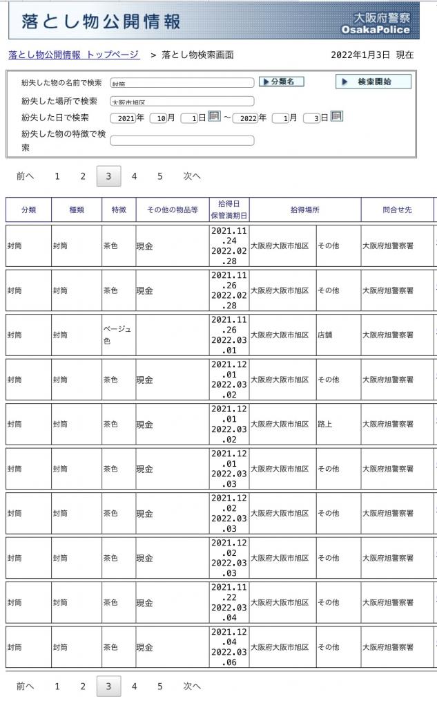 「謎の千円札」投函が記された大阪府警の落とし物公開情報（HPより）