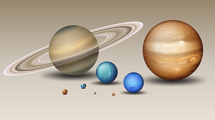 太陽系惑星の大きさの模式図。ガスジャイアントの大きさがわかります
