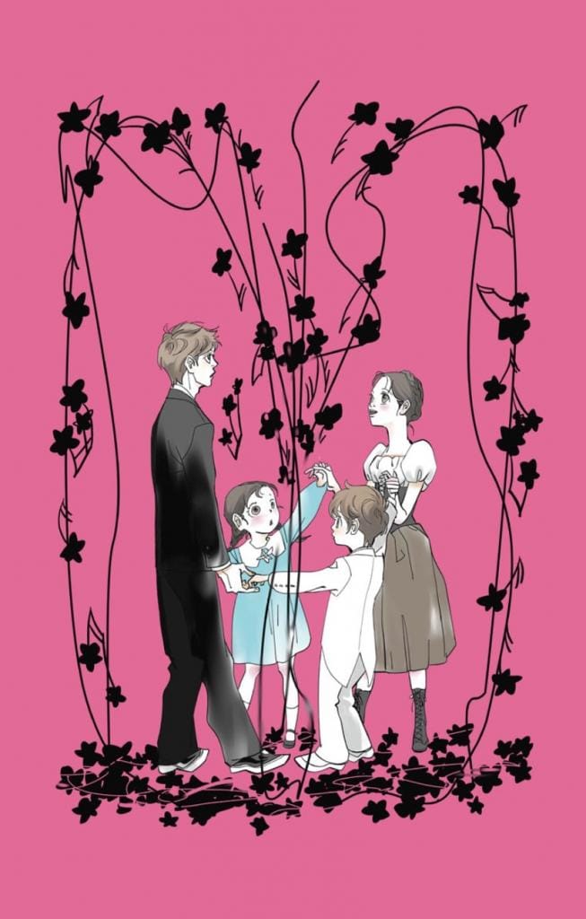 『いつもポケットにショパン』の麻子と季晋の子ども時代と成長した姿を描いたイラスト。全集１巻に収録