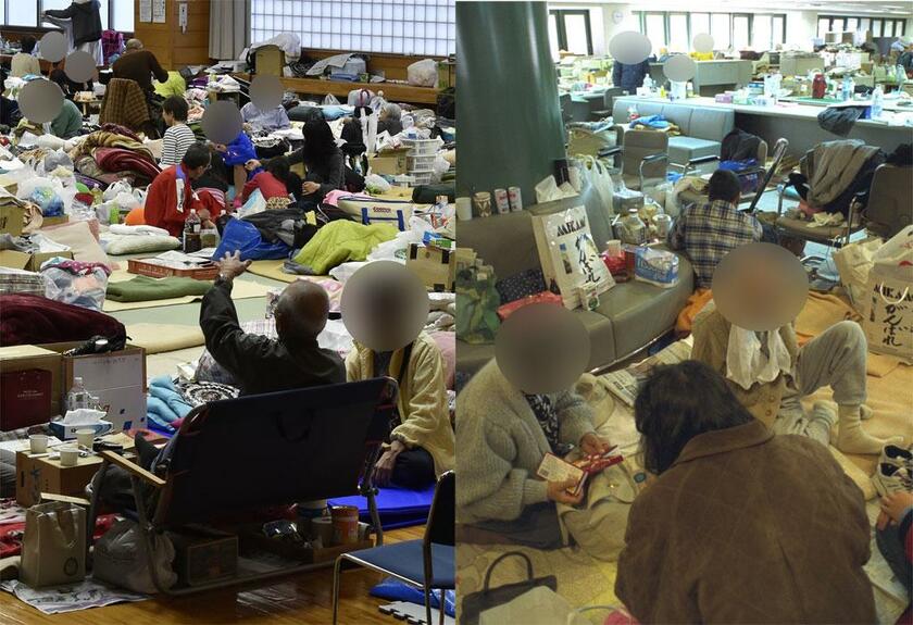 右は1995年に起きた阪神・淡路大震災後の兵庫県芦屋市の避難所、左は2016年の熊本地震後の熊本県益城町の避難所。いずれも発災後約2週間が経過しているが、避難者が密集して雑魚寝する状況は同じだ　（ｃ）朝日新聞社