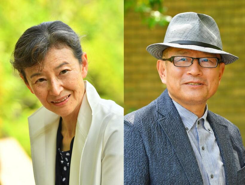 【左】篠田節子（しのだ・せつこ）／１９５５年、東京都生まれ。９０年「絹の変容」で小説すばる新人賞を受賞しデビュー。その後も、『ゴサインタン』で山本周五郎賞、『女たちのジハード』で直木賞ほか、数々の文学賞を受賞している。親の介護と自らのがん体験を書いた『介護のうしろから「がん」が来た！』が発売中　【右】久坂部羊（くさかべ・よう）／１９５５年、大阪府生まれ。外務省の医務官などを経て、２００３年『廃用身』で作家デビュー。１４年『悪医』で第３回日本医療小説大賞受賞。『破裂』『悪医』『老乱』『老父よ、帰れ』など著書多数。週刊朝日に連載した小説『生かさず、殺さず』が発売中（１８７０円・税込み）（撮影／写真部・東川哲也）