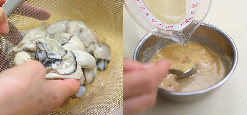 【ワンポイントアドバイス】牡蠣は塩を振って手で混ぜて汚れと独特の臭みを取り、流水で洗い流す。（左）　調味料と味噌はあらかじめ、少しずつだしを加えて混ぜ合わせておく。　（撮影／写真部・松永卓也）