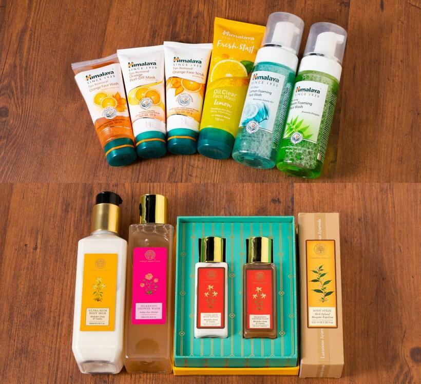 化粧品ブランド「Ｈｉｍａｌａｙａ」（上）とコスメブランド「ＦＯＲＥＳＴ　ＥＳＳＥＮＴＩＡＬＳ」（下）は、アーユルヴェーダ処方に基づく人気商品だ（ｐｈｏｔｏ　／写真映像部・上田泰世）