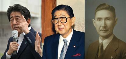 左から安倍晋三元首相、晋三氏の父で元外相の安倍晋太郎氏、晋三氏の祖父で政治家の安倍寛（かん）氏