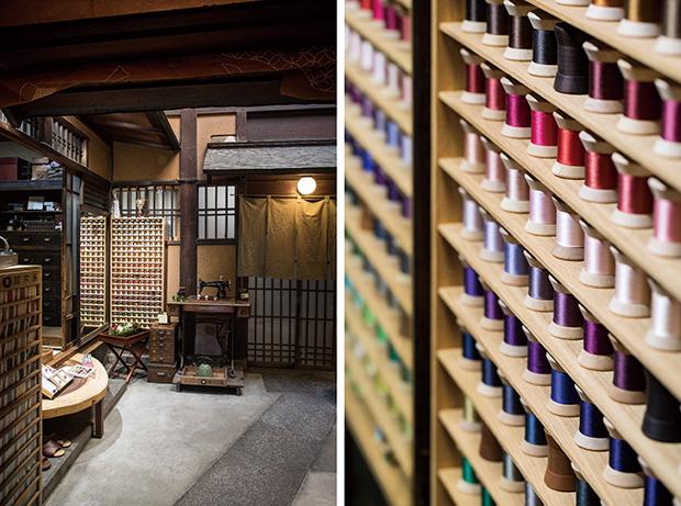 京町家の風情が味わい深い「糸六商店」店内には色とりどり164色の糸が並ぶ