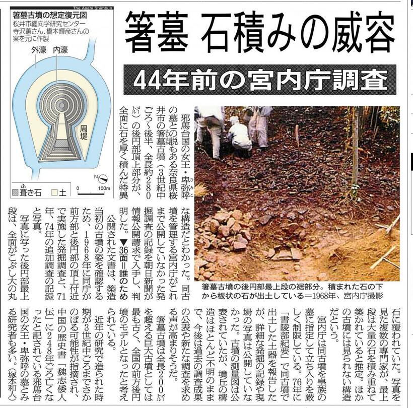 情報公開請求により判明した1968年の箸墓古墳の発掘調査を記事化した（2012年9月12日朝日新聞大阪本社版朝刊）　（ｃ）朝日新聞社