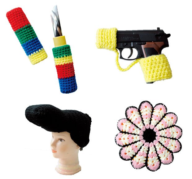 アイパー滝沢先生の作品、左上から時計回りで、カラフルなドスカバー、キュートに変身したピストル、初心者でも作れる小花のモチーフ、個展にも出展したリーゼント帽子