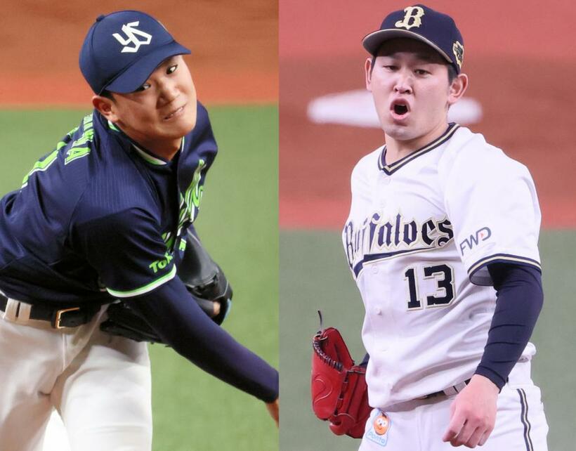 ヤクルトの奥川恭伸（右）とオリックスの宮城大弥