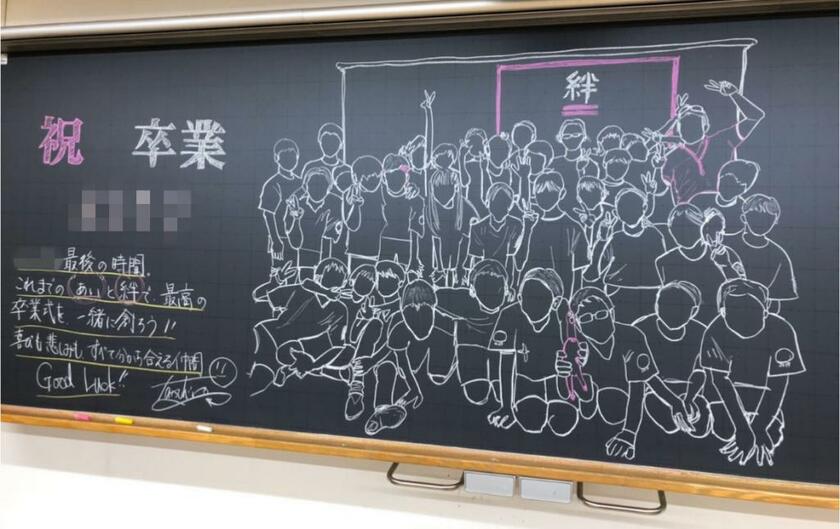 卒業式の日にたつひろ先生が黒板に描いてくれた絵。運動会の日に撮影したクラス写真が元になっている。／江利川さん提供
