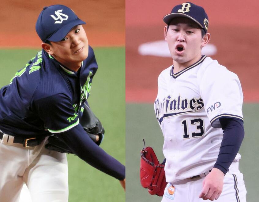 ヤクルトの奥川恭伸(右)とオリックスの宮城大弥
