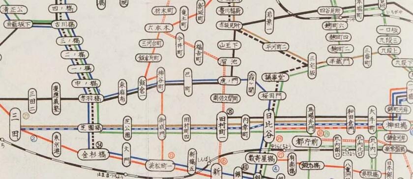 昭和38年2月の路線図。大手町～三田界隈（資料提供／東京都交通局）