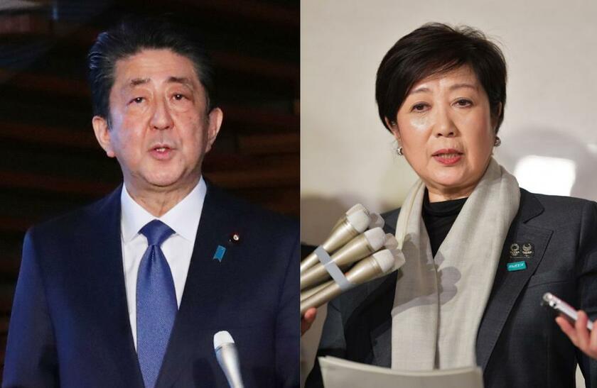 首相・安倍晋三首相（左）と東京都知事・小池百合子　（ｃ）朝日新聞社