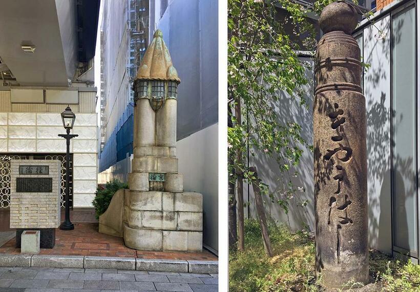 廃橋となった京橋の擬宝珠（写真左）と明治の石橋時代の擬宝珠が、旧京橋の東詰めと西詰めの場所に保存展示されている（撮影／諸河久：2019年4月11日）