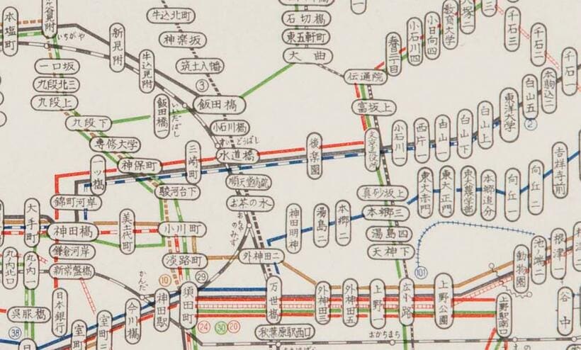 昭和４２年６月の路線図。水道橋界隈（資料提供／東京都交通局）