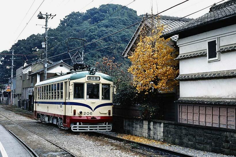 とさでん交通200型は14両が現存している。写真の206もそのうちの一両で、ワンマン仕様に改造され矍鑠（かくしゃく）と走り続けている。趣のある風情の後免線を走る一コマ。一条橋～領石通　（撮影／諸河久：1986年11月24日）