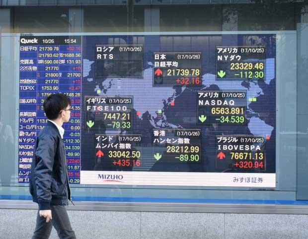 値上がりした日経平均株価を示すボード。世界の株式市場の中でも最近の東京市場は盛り上がっている