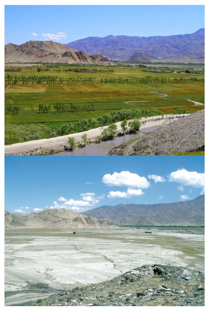 通水工事から約3年後、2009年4月のスランプール平野（上）と通水工事以前（下）。中村医師は00年のアフガンの大旱魃を受け、水を確保するために井戸を掘り、03年からは灌漑用水路の建設にも邁進、約1万6500ヘクタールもの土地を農地に蘇らせた（撮影／古田大輔）